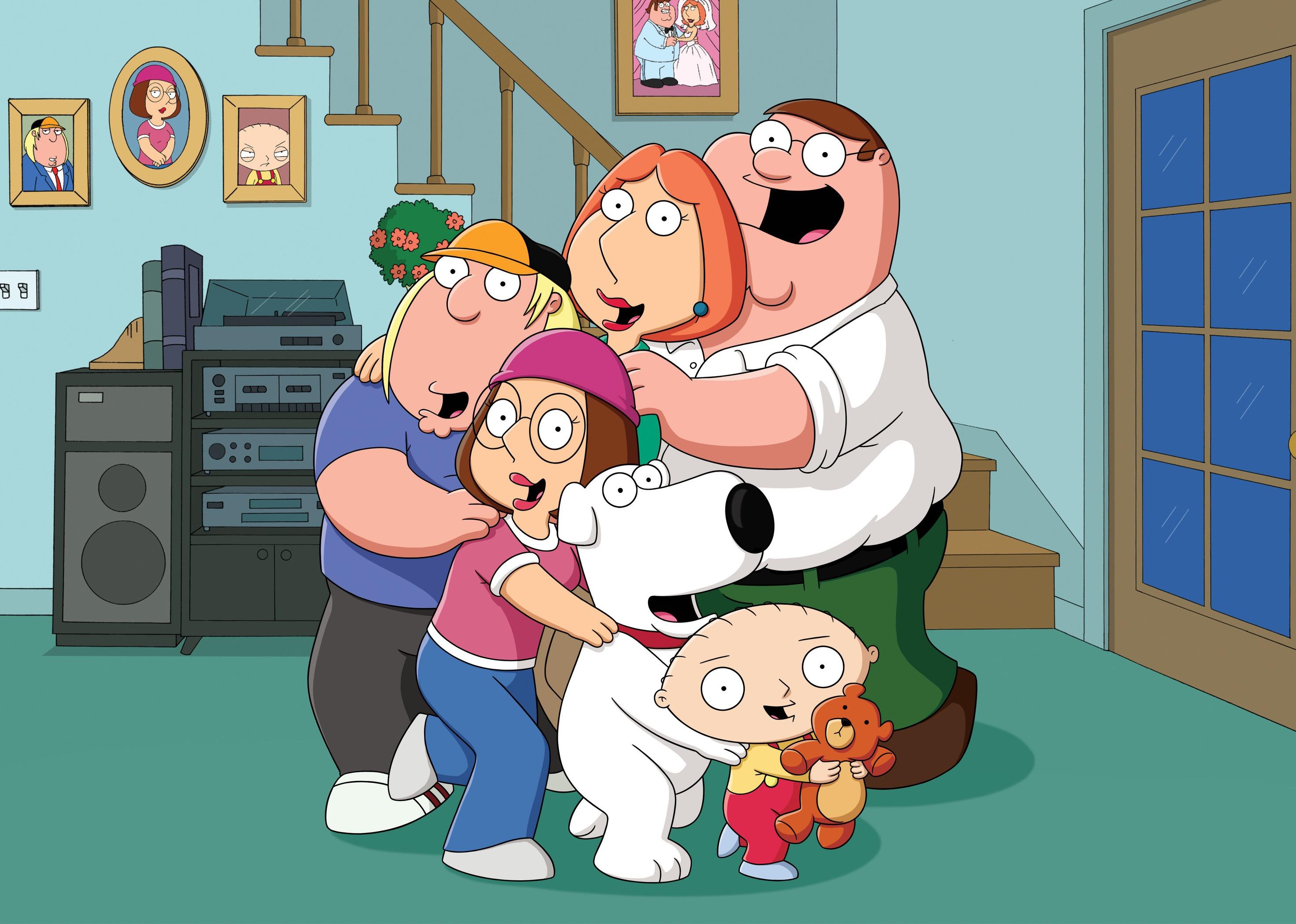 A cartoon family and their dog posing in their living room.