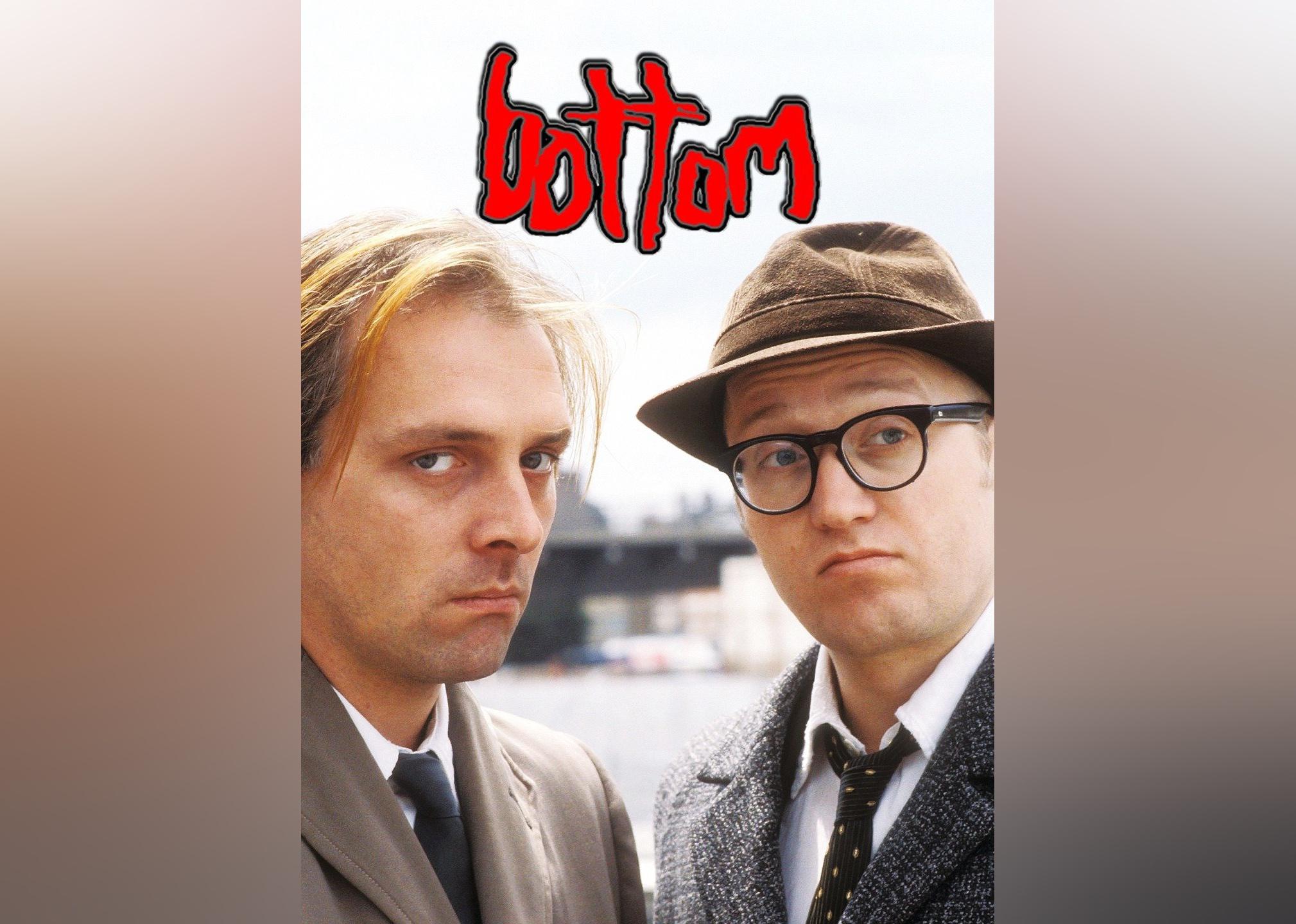 Two men in suits on the TV poster for Bottom.