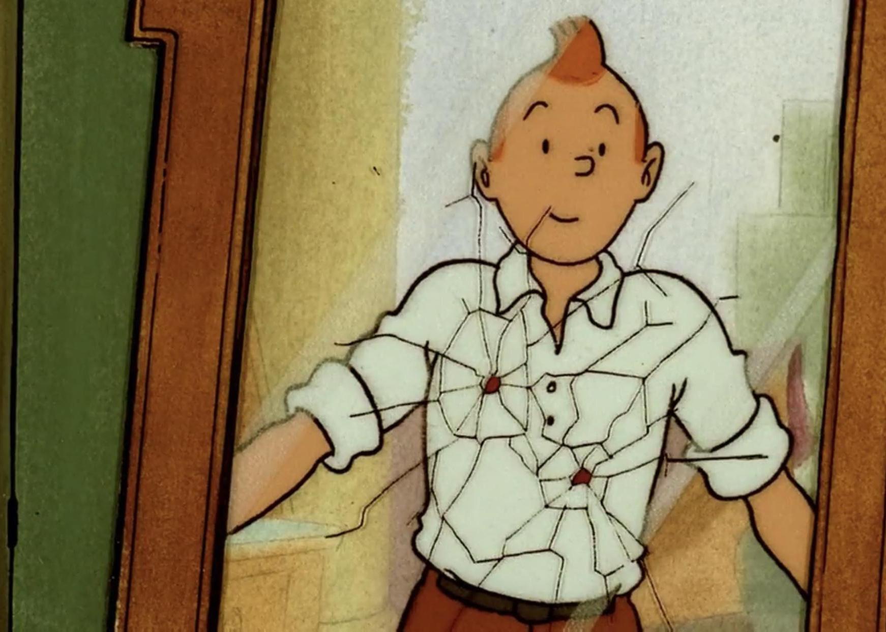 A cartoon character in front of a shattered mirror.