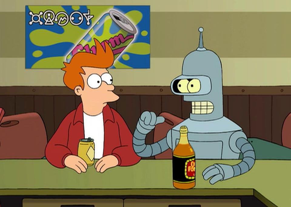 An animation of a man and a robot having beers.