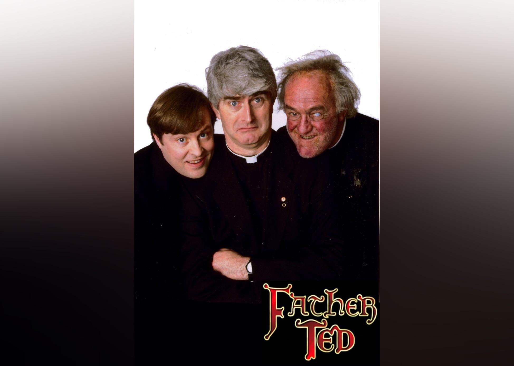 Three men on the TV poster for Father Ted.