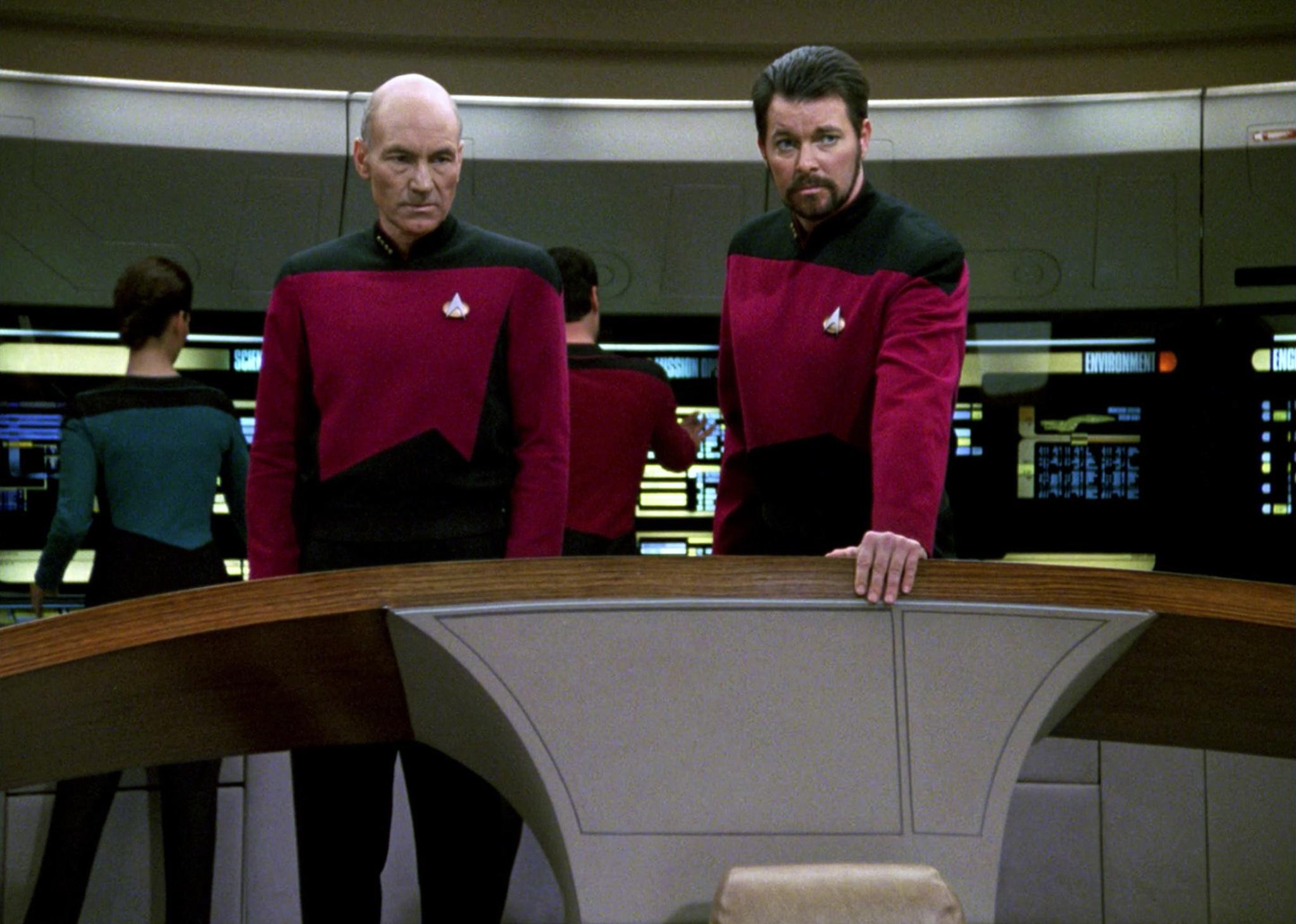 Jonathan Frakes and Patrick Stewart on the space ship.