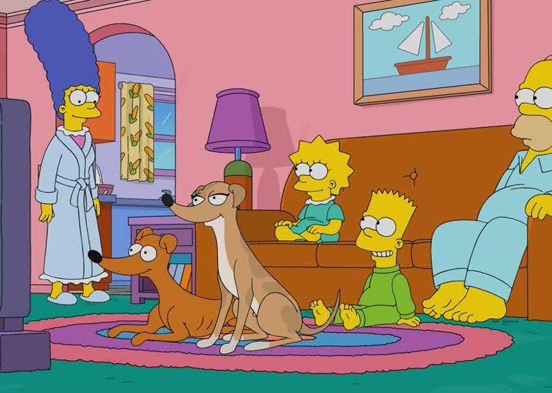 A cartoon of the Simpsons in their living room.