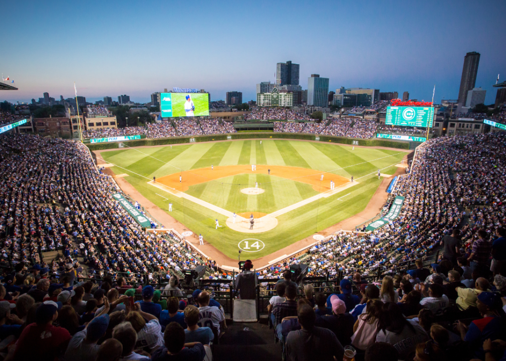 Wrigley Field with a packed stadium.
