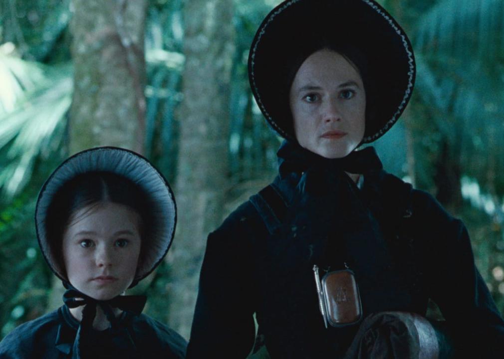Holly Hunter and Anna Paquin in all black staring at someone.