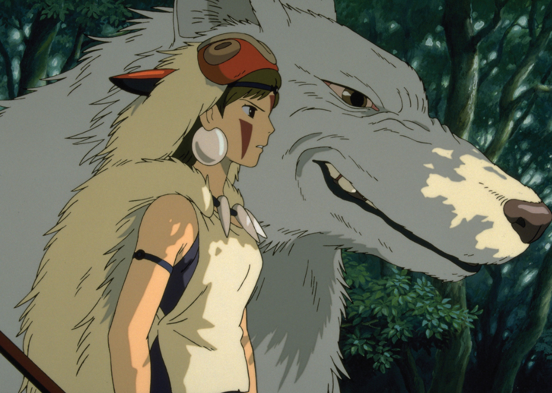 An animation of a young woman standing next to a giant wolf.