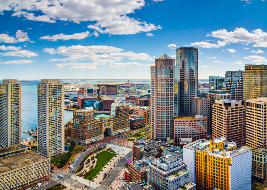 An aerial view of downtown Boston on the water.