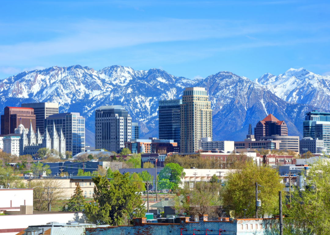 Salt Lake City with snowy mountains in the background.