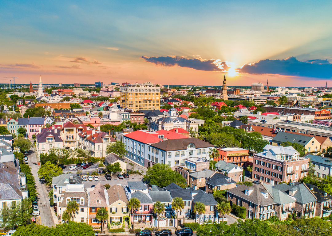 An aerial view of colorful homes and buildings in Charleston.