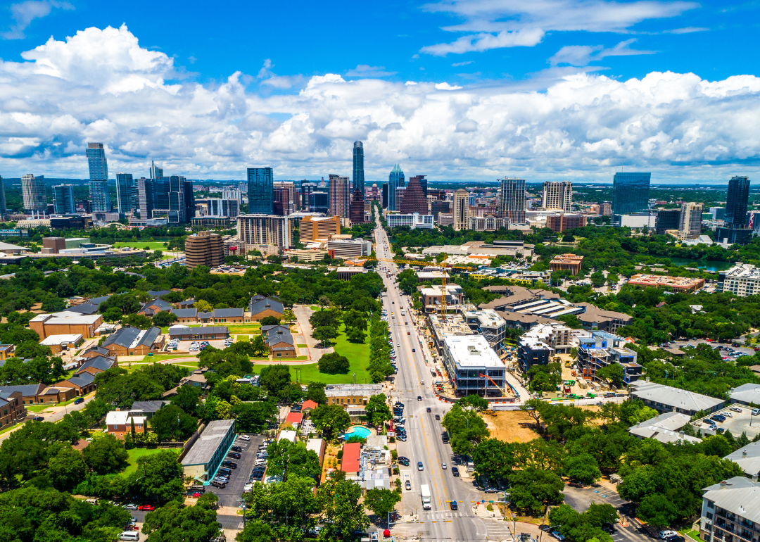 An aerial view of Austin on a sunny day.