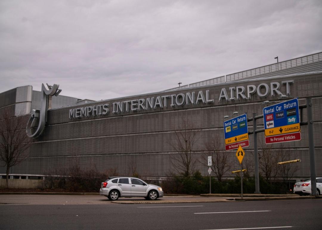 The Memphis International Airport sign on the side of a rounded building.