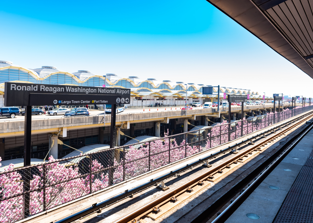 Metro station and cherry blossoms at Ronald Reagan Washington National.