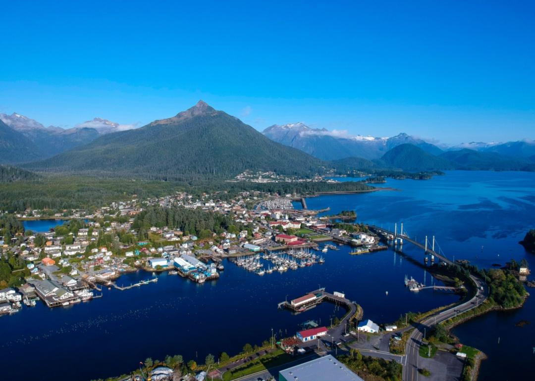 An aerial view of Sitka, Alaska on the water in the mountains.