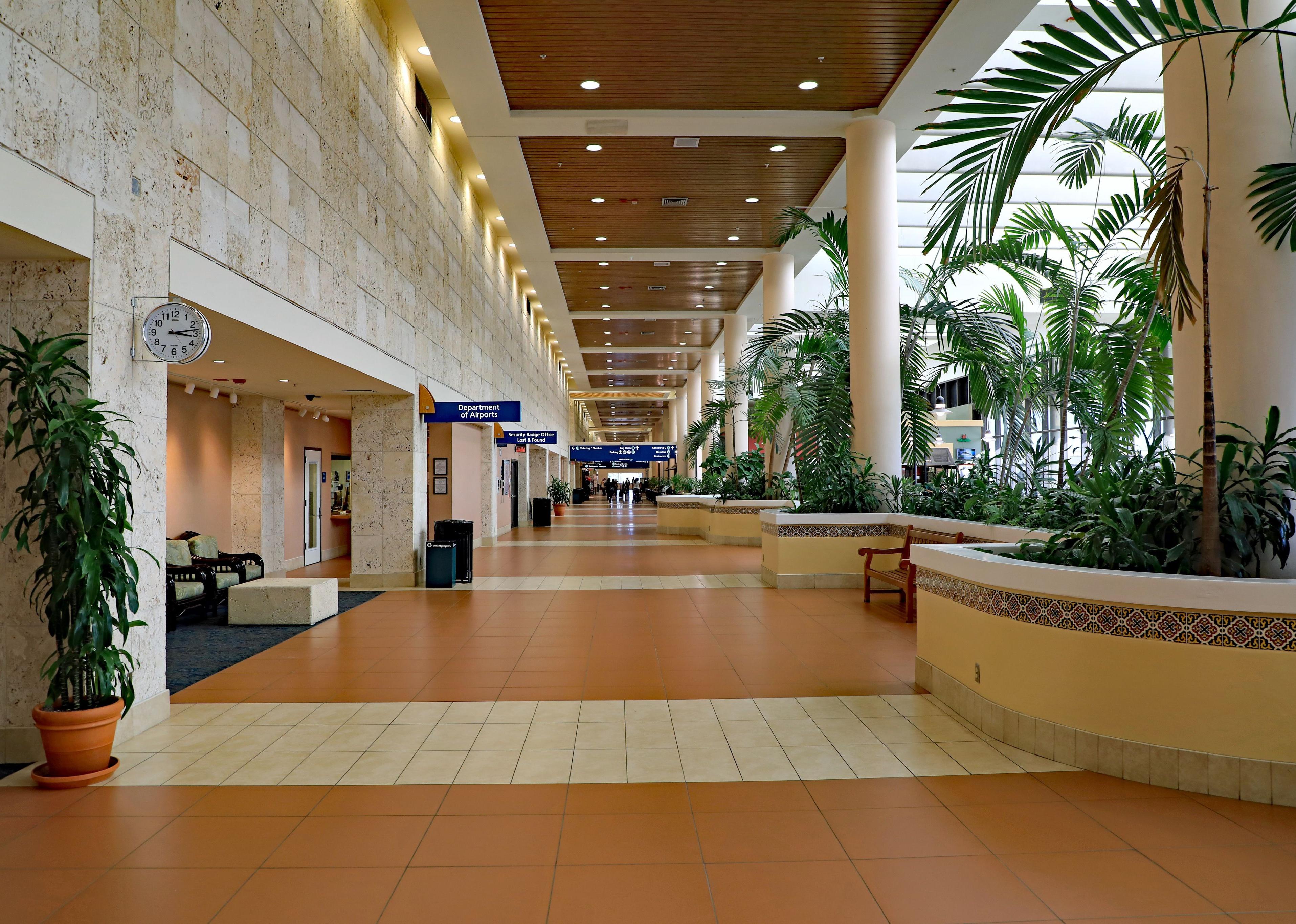 The beautiful interior of the Palm Beach airport with a stone hallway lined in palm trees.