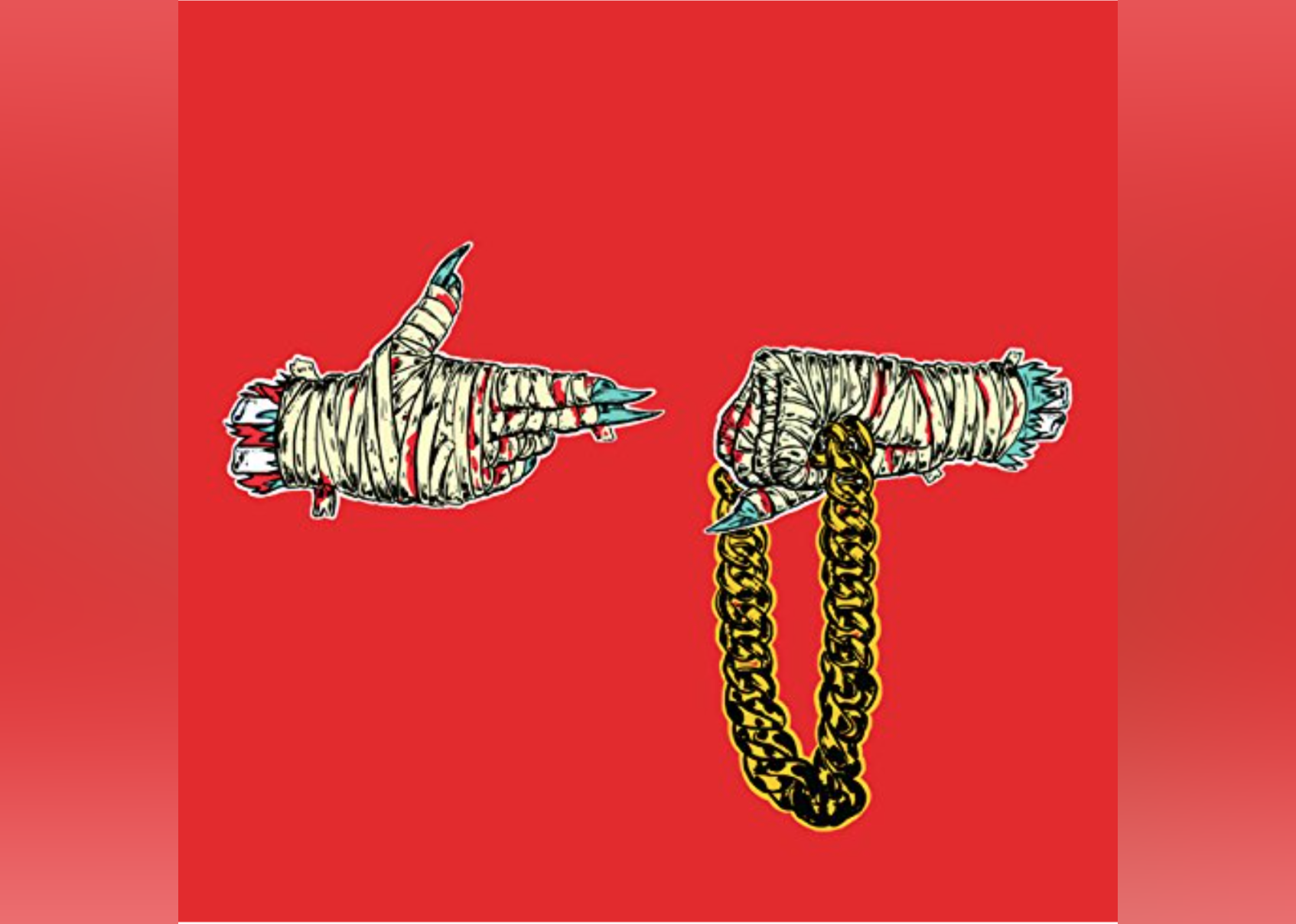 A drawing of two hands wrapped in bandages with long fingernails and one holding a gold chain.