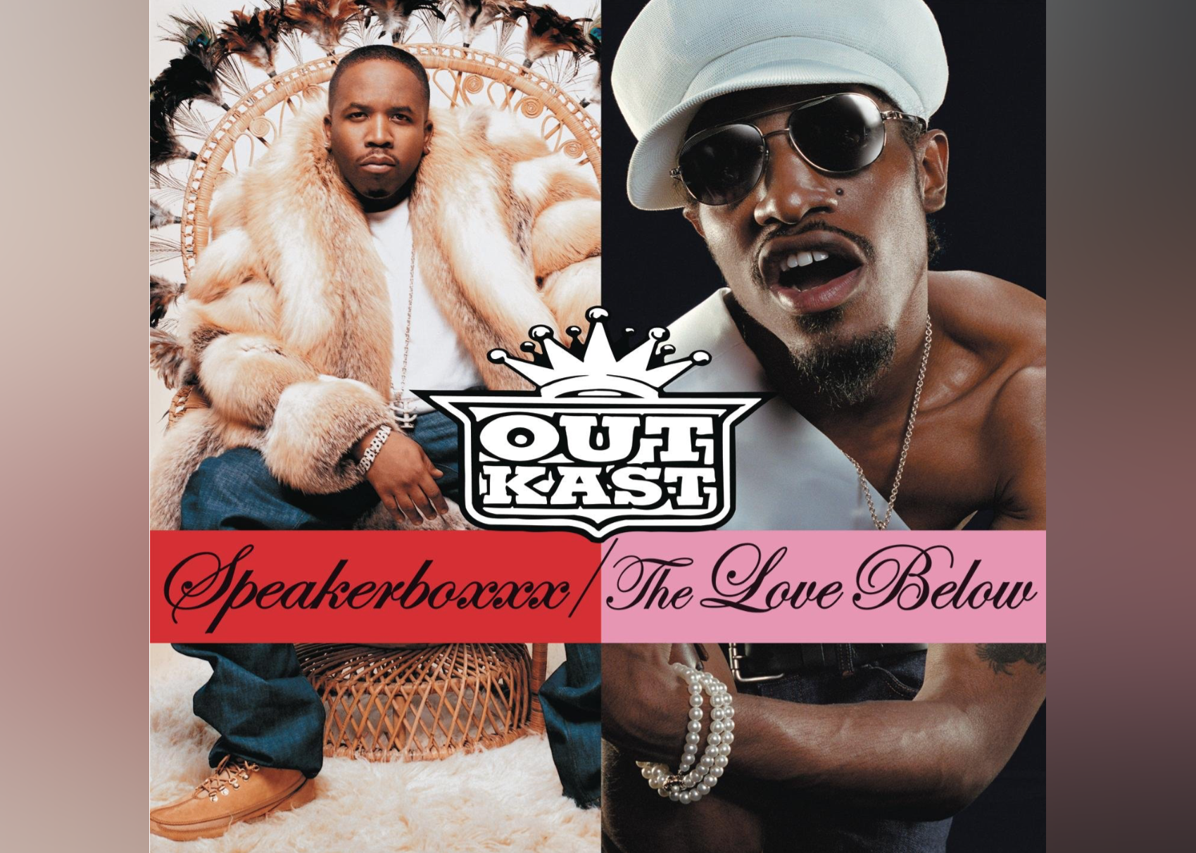 Big Boi on the left on a feathered wicker throne in a fur coat and Andre 3000 on the right wearing a white hat, sunglasses and pearl bracelets.