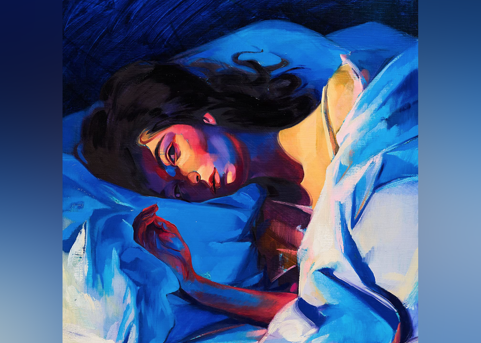 A painting of a young woman in bed with blue shadows.