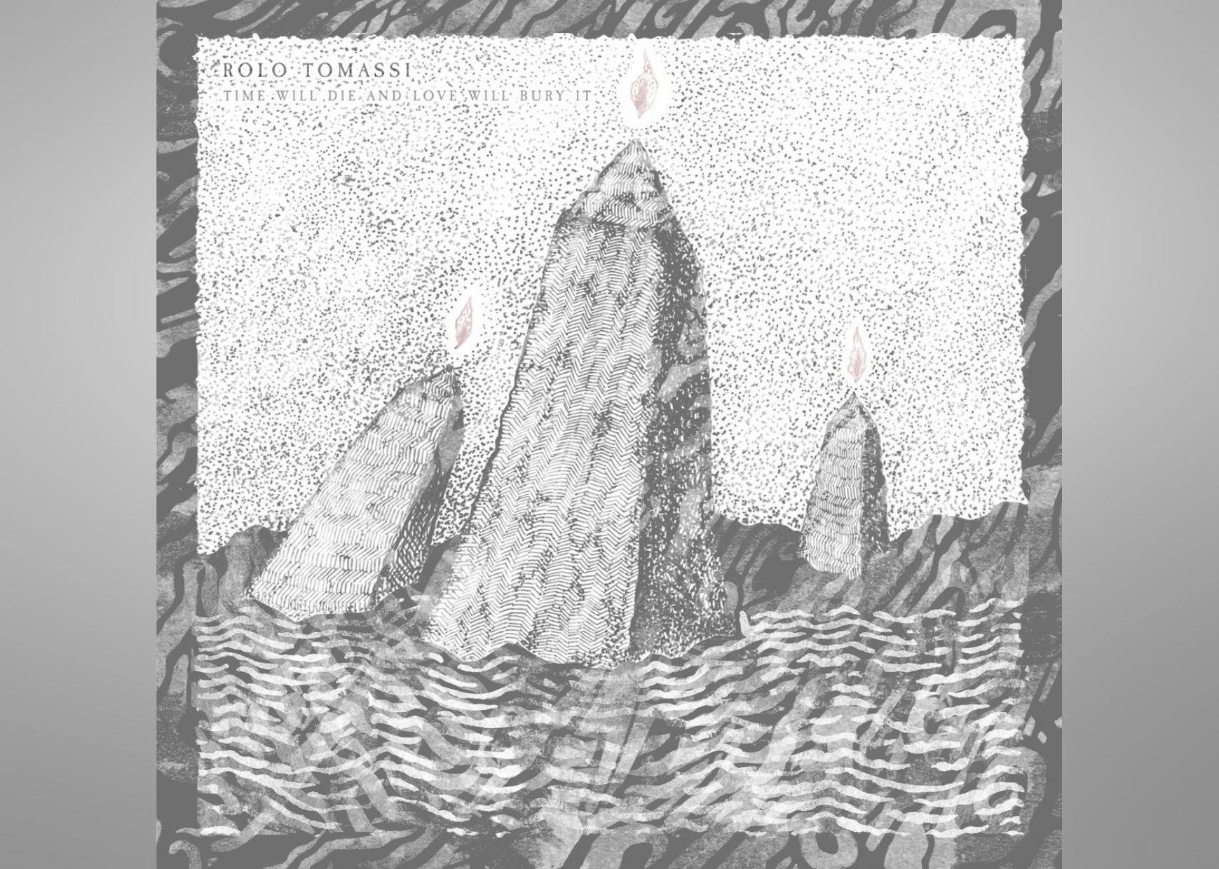 A drawing of three obelisks rising out of the sea lit like candles in black and white.