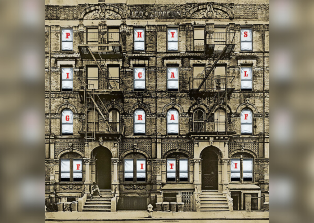 Old image of a tall building with each of the letters of the album name written in red in a window of the building.