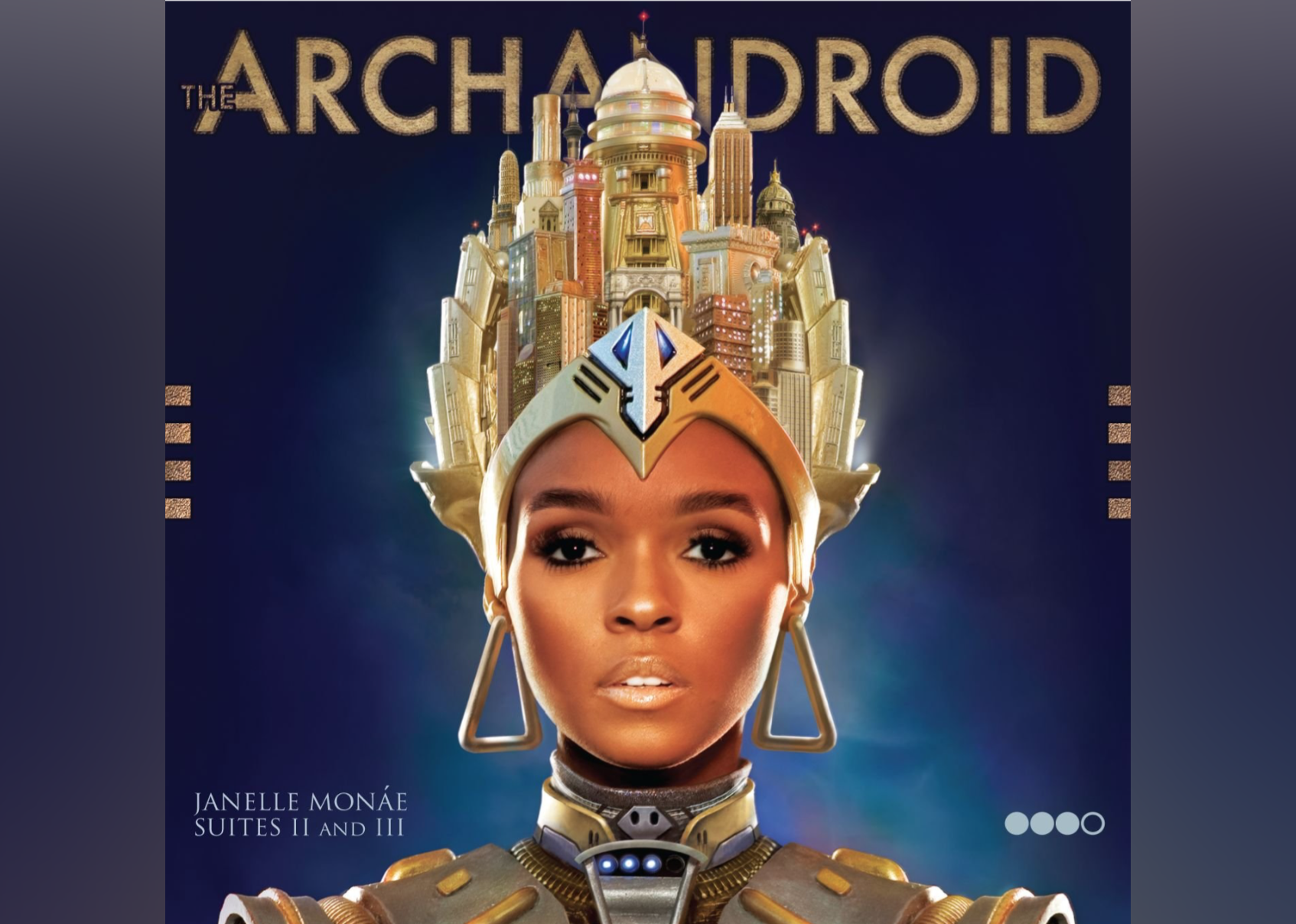 Janelle Monáe in front of a blue background wearing armor with a city emerging from the headpiece.