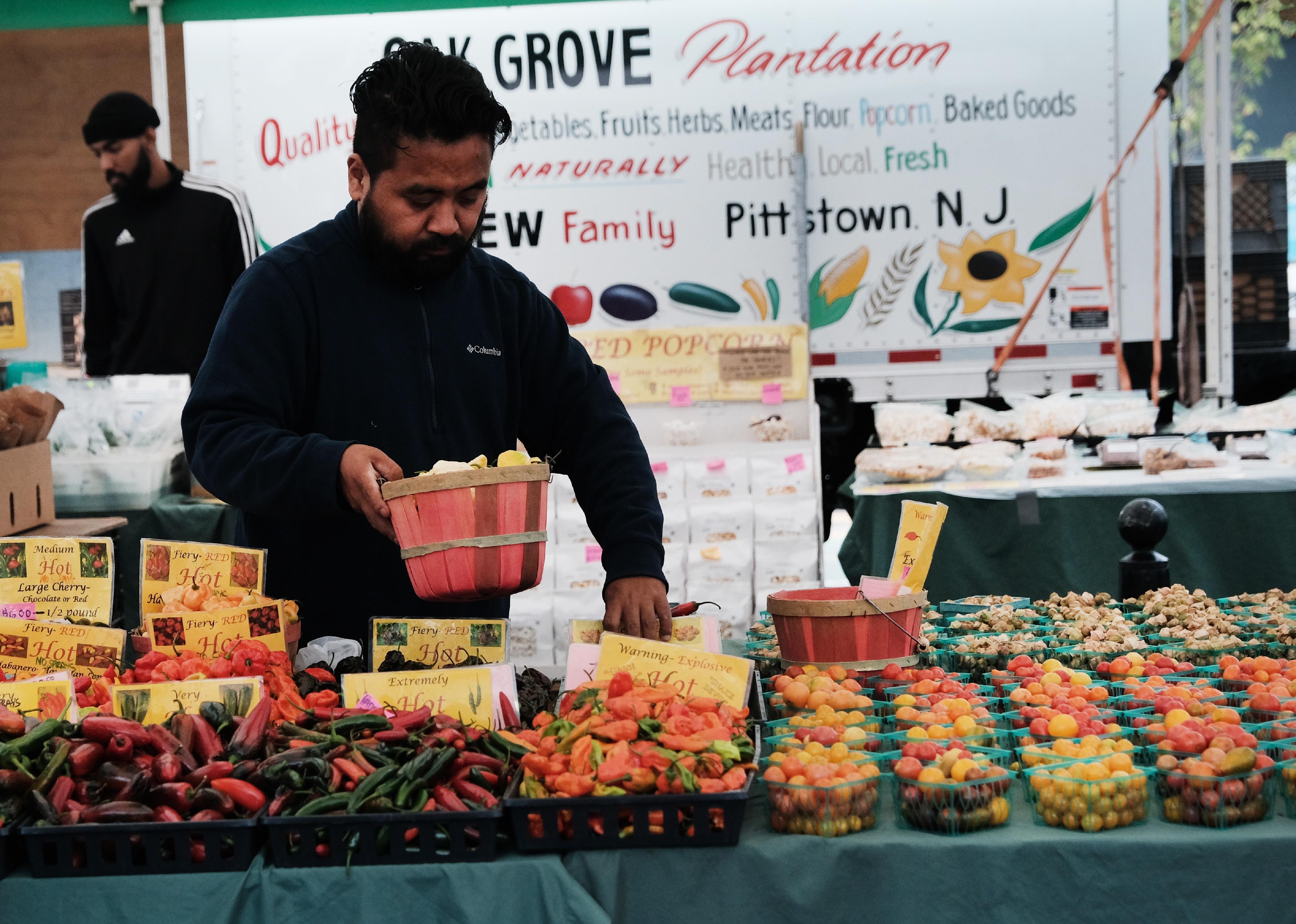 Fresh produce is displayed for sale in a farmers market in Manhattan.