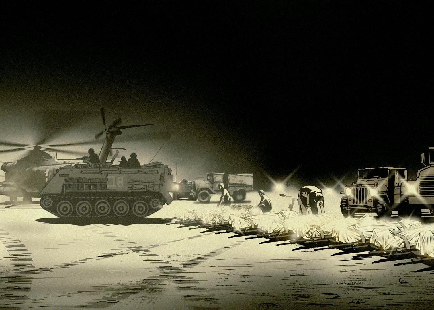 An illustration of tanks, military vehicles, and soldiers in war.