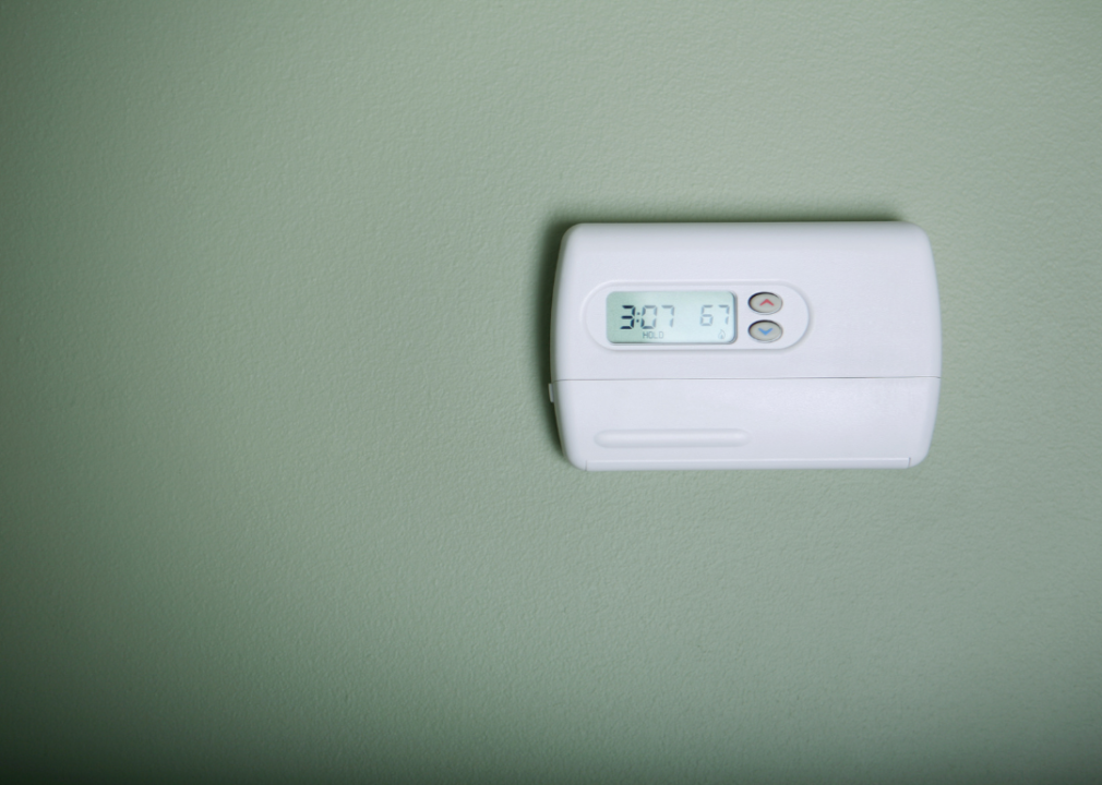 Thermostat on a sage green wall.
