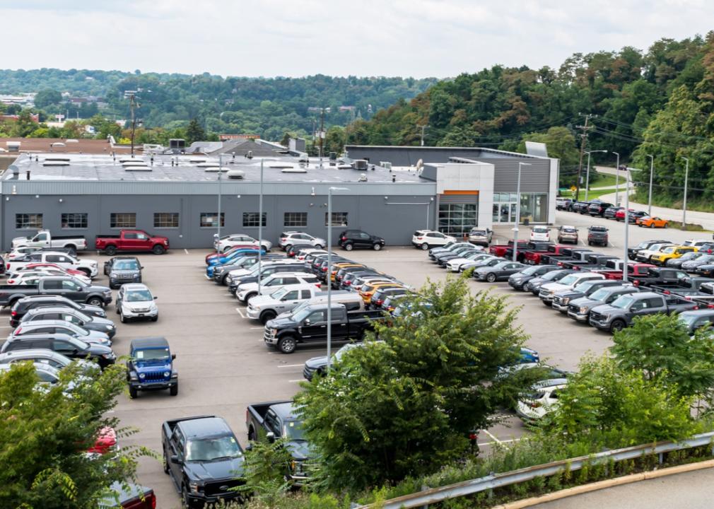Aerial view of car dealership in Monroeville, Pennsylvania.