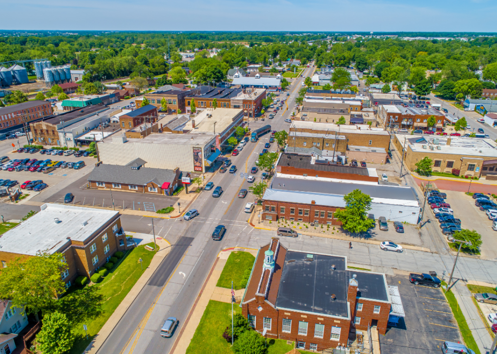 Aerial view of buildings and cars in Nappanee, Indiana.