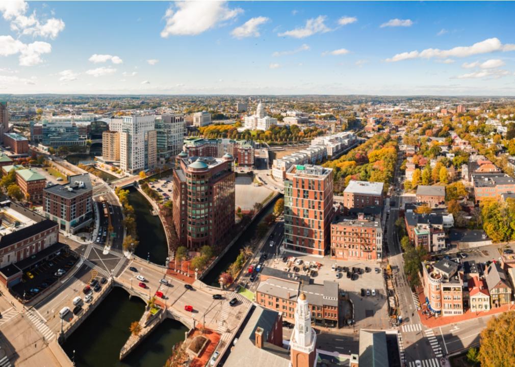 Aerial view of cars and buildings in Providence, Rhode Island.