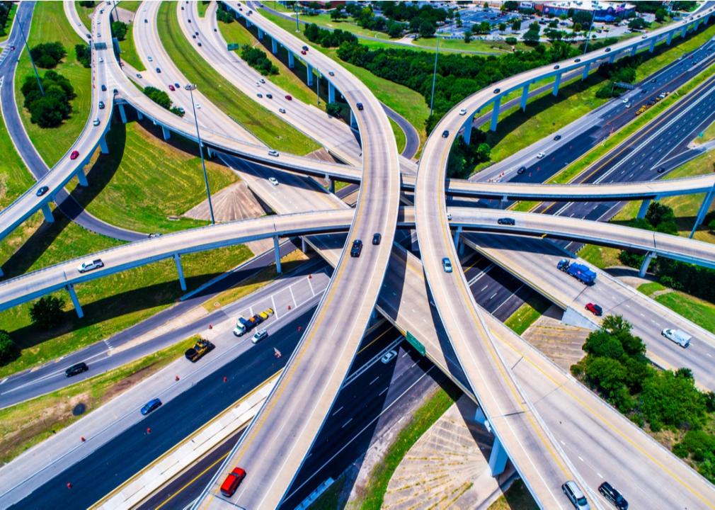 Aerial view of highway interchange in Austin, Texas.