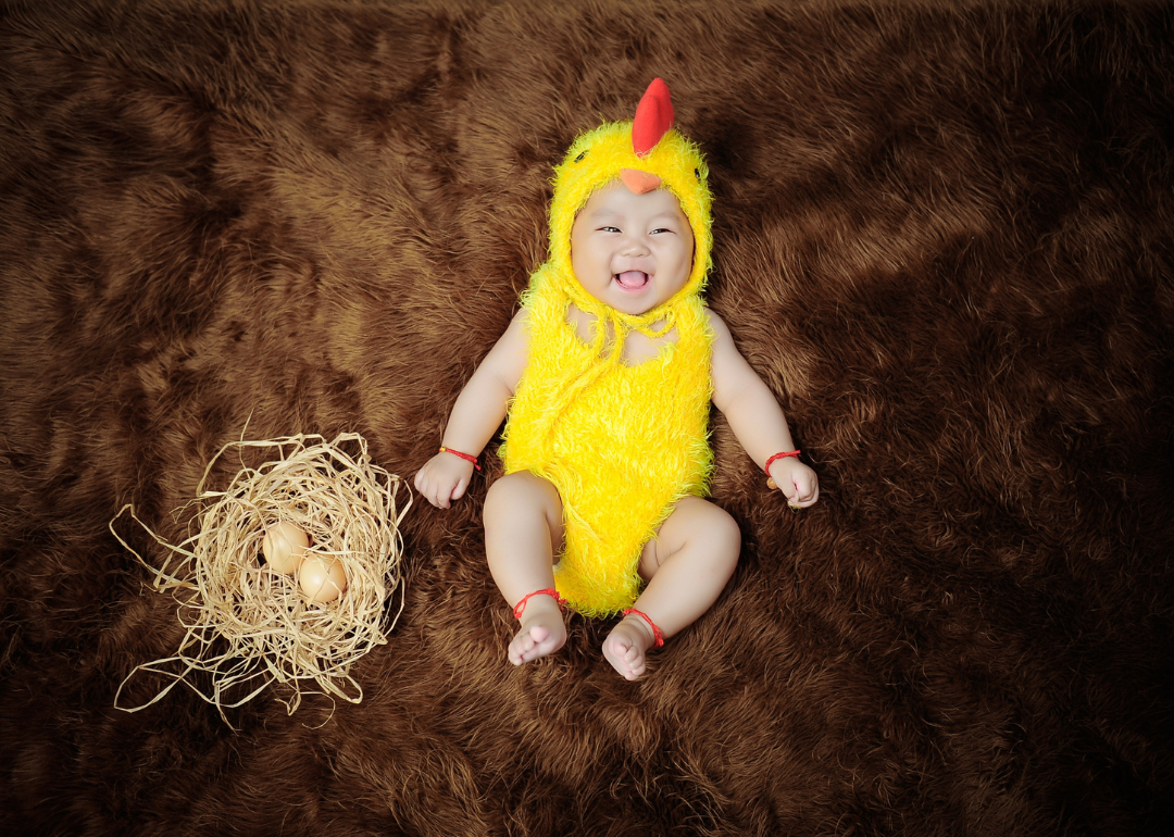 A baby dressed in a chicken costume next to a nest of eggs.