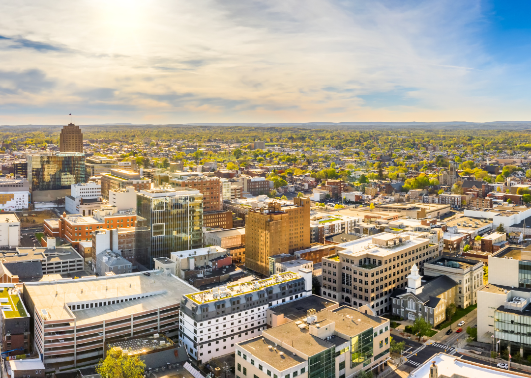 An aerial panorama of Allentown, PA on a sunny day.