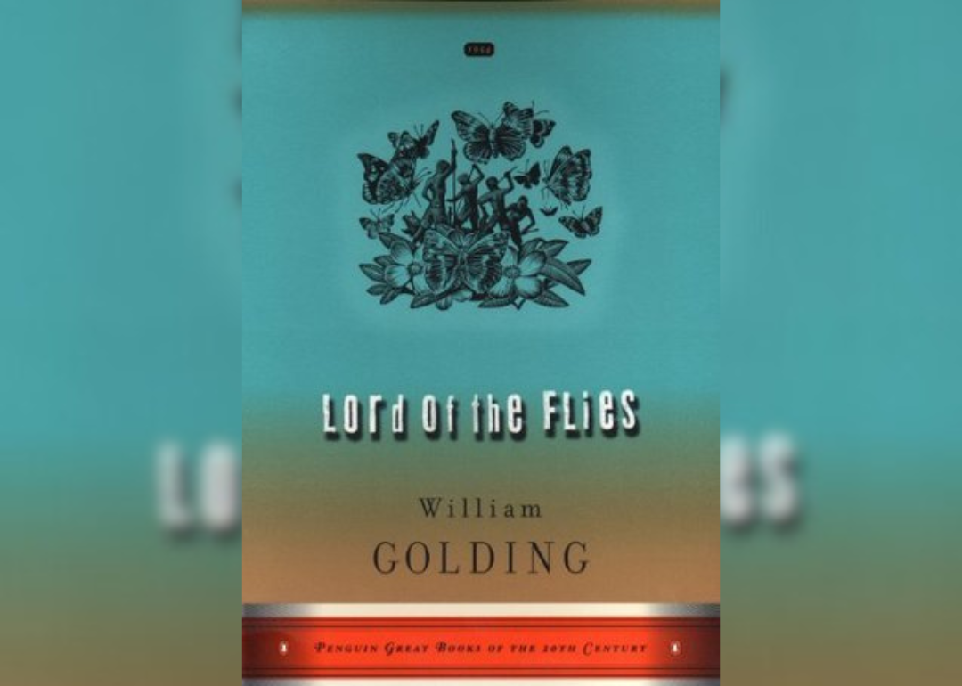 A turquoise background with people holding spears surrounded by butterflies.