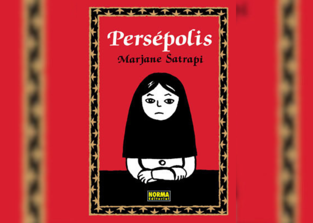 A red background with a drawing of a woman wearing a burqa.