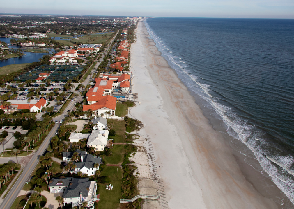 Aerial view of Jacksonville Beach homes on the coast.
