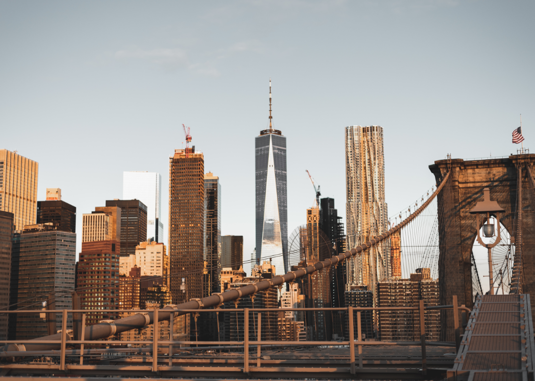 New York City skyline with Brooklyn Bridge in the forefront.