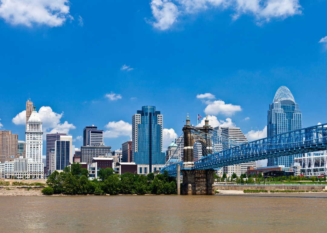 A bridge across the water to Cincinnati with the skyline.