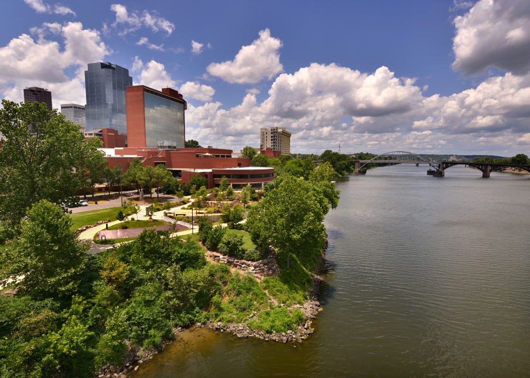 A park on the water with the Little Rock skyline in the background.