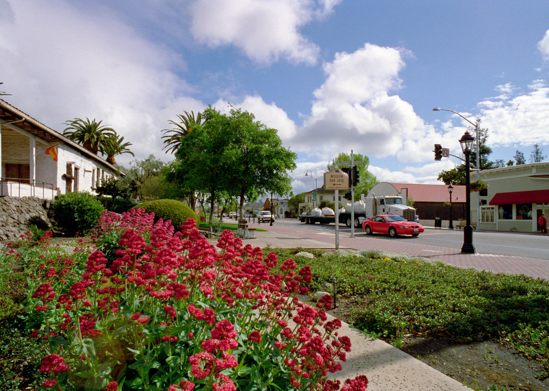 Flowers in front of a mission in Fremont.