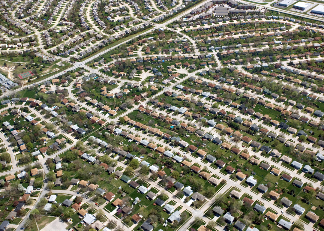 An aerial view of residential homes.