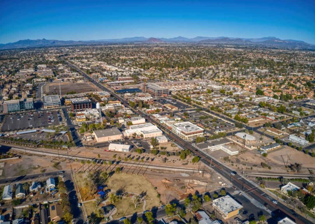 An aerial view of downtown Gilbert, Arizona surrounded by desert landscape.
