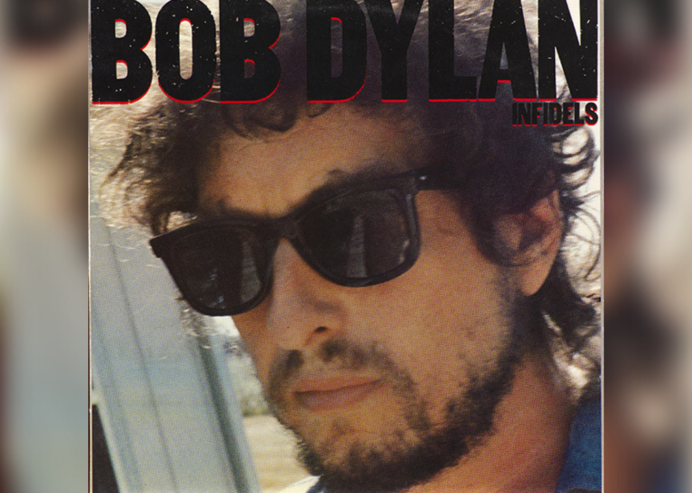 Close-up of Bob Dylan's face with facial hair and sunglasses.