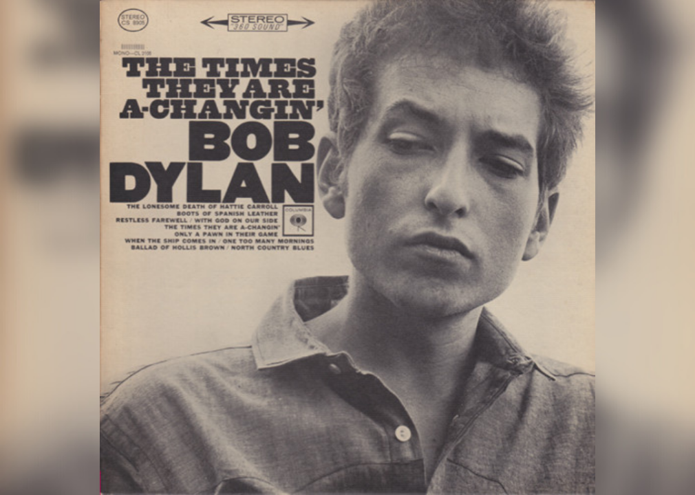 Black and white of Dylan with thick black font of album name.