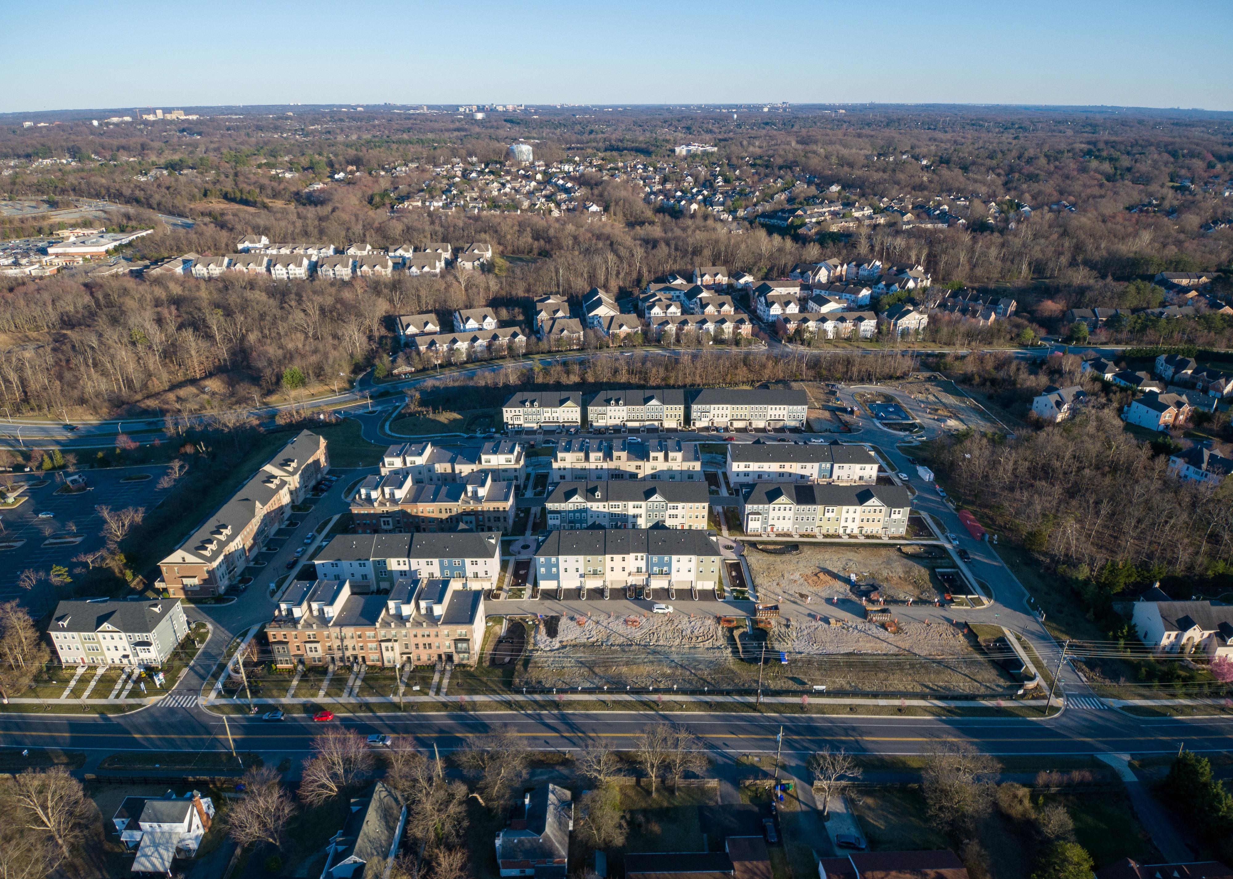 An aerial view of a residential neighborhood.