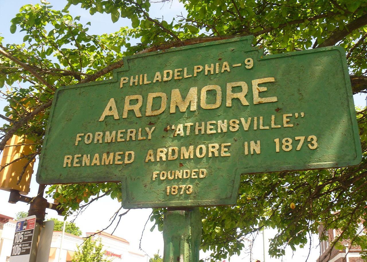 A historic green sign entering Ardmore, PA.