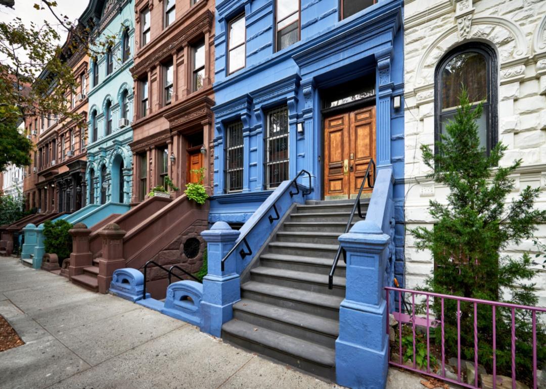 Colorful brownstone homes.