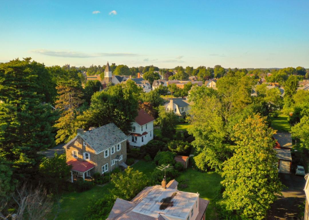 An aerial view of homes and trees.
