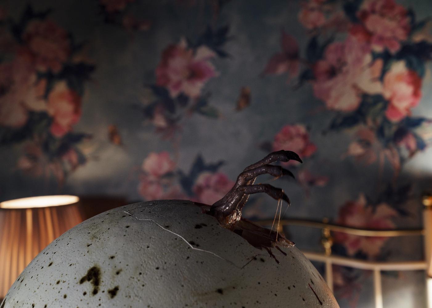 A creature hand coming out of an egg with floral wallpaper in the background