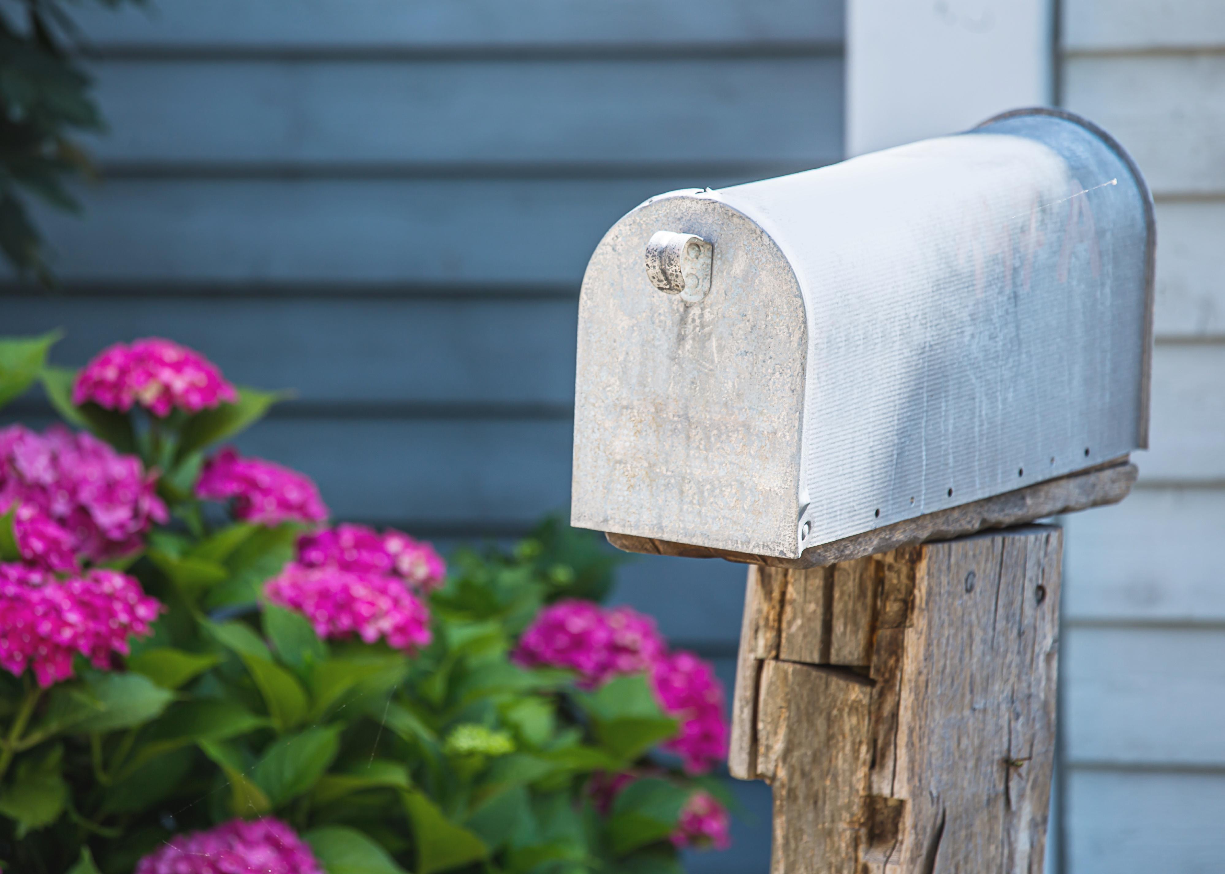 A metal mailbox on a rustic wooden pole and pink flowers.